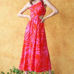 Edgy Leaf One Shoulder Midi Dress