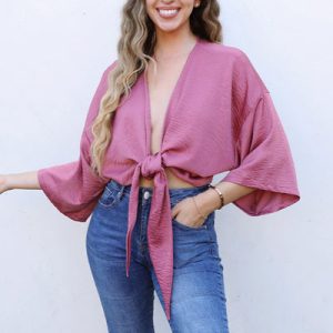 Washed Satin Crepe Tie Front Top